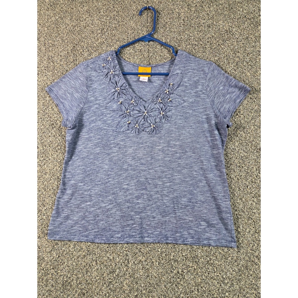 Ruby Rd Top Women Large Blue Excellent Floral Embroidery Beaded V-Neck Shirt
